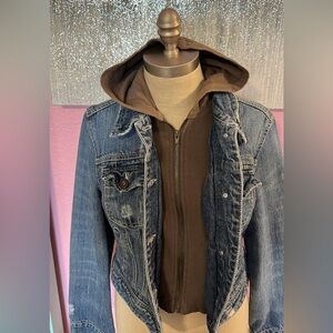 STAR JEANS DENIM STYLISH BLUE Button Jacket with Zip Brown Hoodie S Distressed